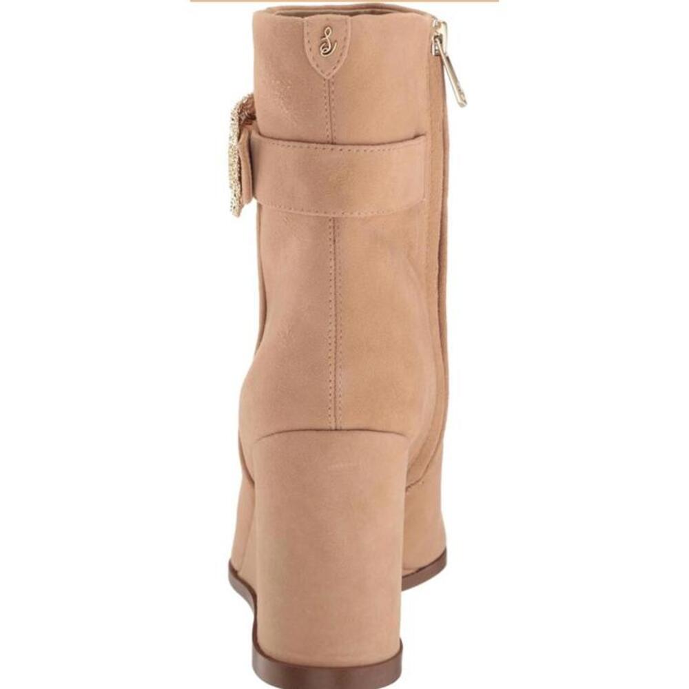 Sam Edelman Weslie Wedge Ankle Boots Womans 8.5 Beige Suede Gold Buckle Bootie - Picture 4 of 7